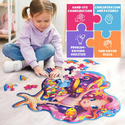 BenBen Large Floor Puzzles for Kids, 52 Pieces, 70 x 66 cm Jigsaw Puzzle for Children Age 3 Years Up, Educational Toys, Gift for Boys and Girls, Mermaid