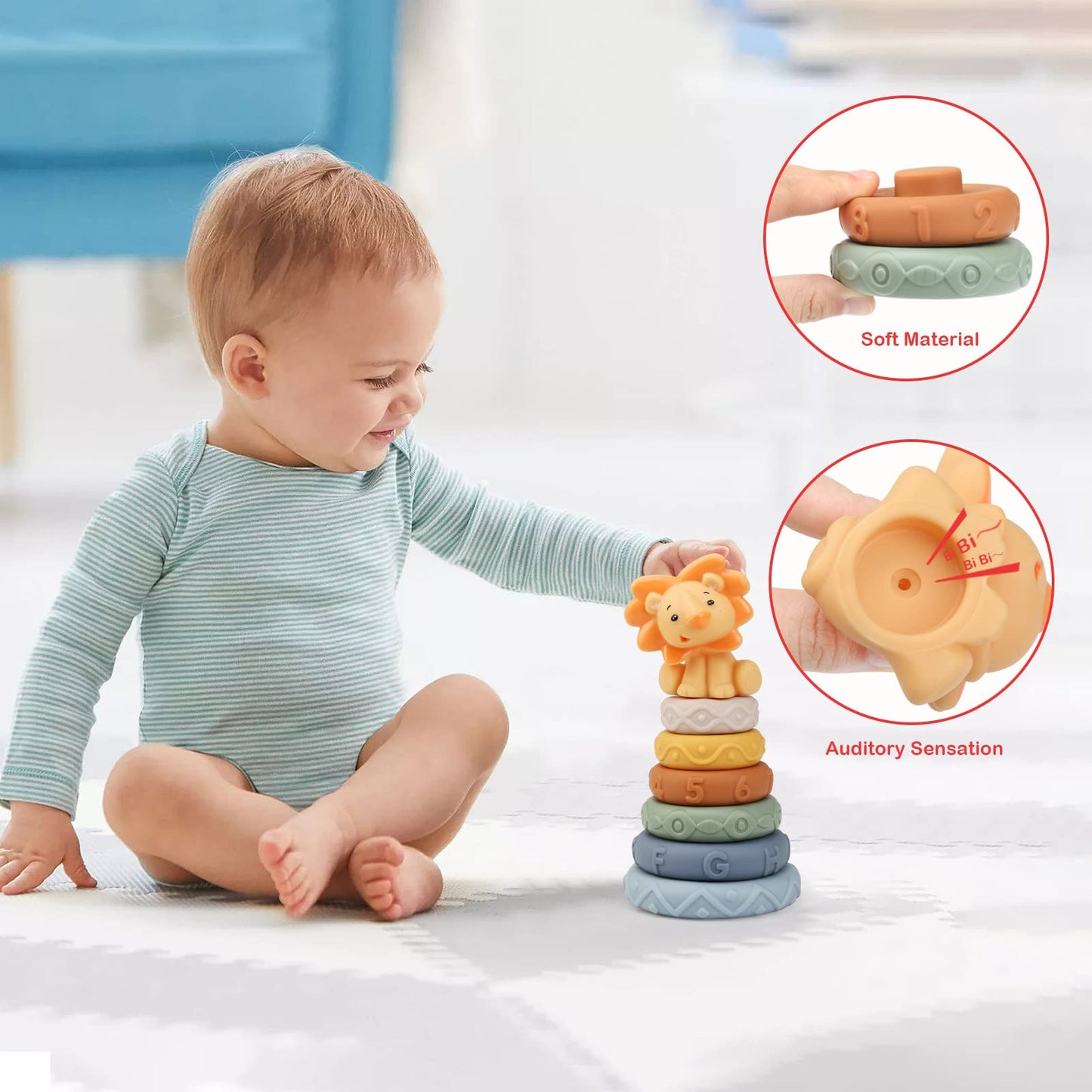 LEADSTAR Stacking Baby Toys Silicone, Lion Sensory Stacker Circles Teething Baby Toy 6 to 12 months, Early Development & Activity Toddler Toys, Silicone Soft Teething Toy, Stacking Toys-7PCS
