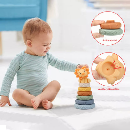LEADSTAR Stacking Baby Toys Silicone, Lion Sensory Stacker Circles Teething Baby Toy 6 to 12 months, Early Development & Activity Toddler Toys, Silicone Soft Teething Toy, Stacking Toys-7PCS