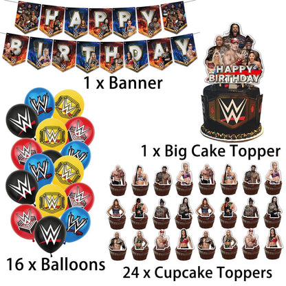 Wrestlinss Birthday Party Decorations Wrestling Party Supplies, Happy Birthday Banner, Balloons, Cake Toppers Decoration Cupcake Toppers