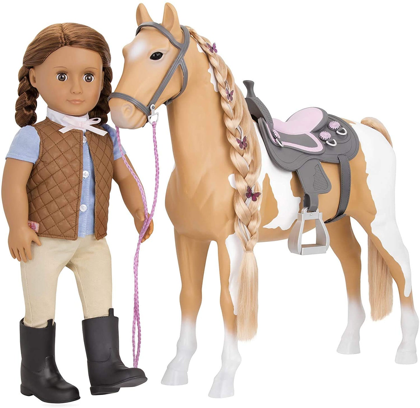 Our Generation bd38030z Palomino Pain Hair Kids Toy Play Horse with bridle, hair brush, ribbons, green extension, and western saddle.