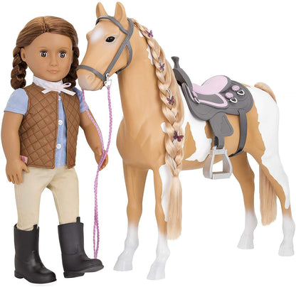 Our Generation bd38030z Palomino Pain Hair Kids Toy Play Horse with bridle, hair brush, ribbons, green extension, and western saddle.
