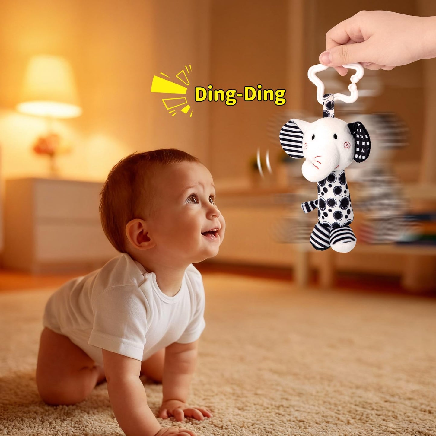 Growithu baby pram toys set with four black and white sensory hanging animal toys for newborns 0-6 months in a car seat.