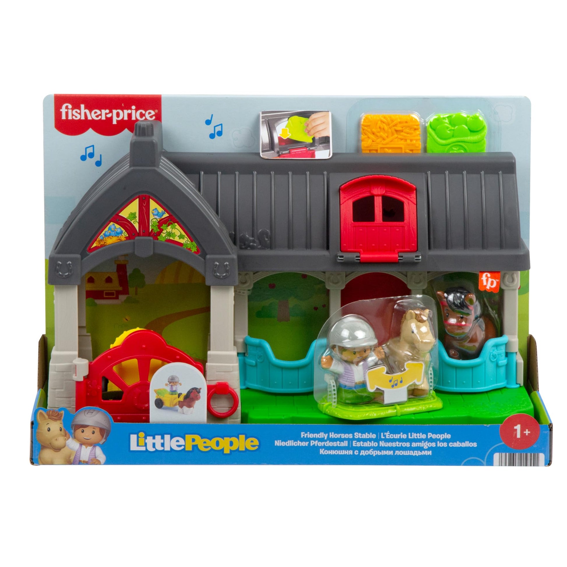 Fisher-Price Little People toddler horse stable playset with figures, accessories, and sounds for kids aged 1+ years.