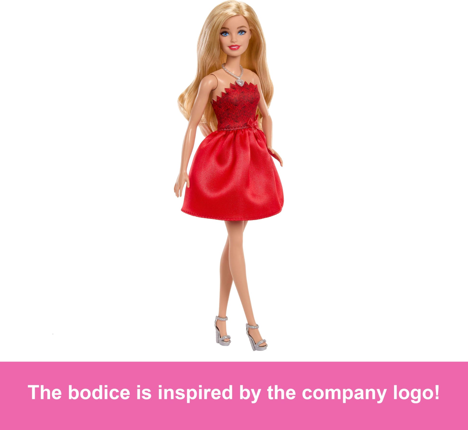 Barbie 80th Anniversary doll in a red dress with silvery shoes and necklace, featuring blonde hair and collectible design.