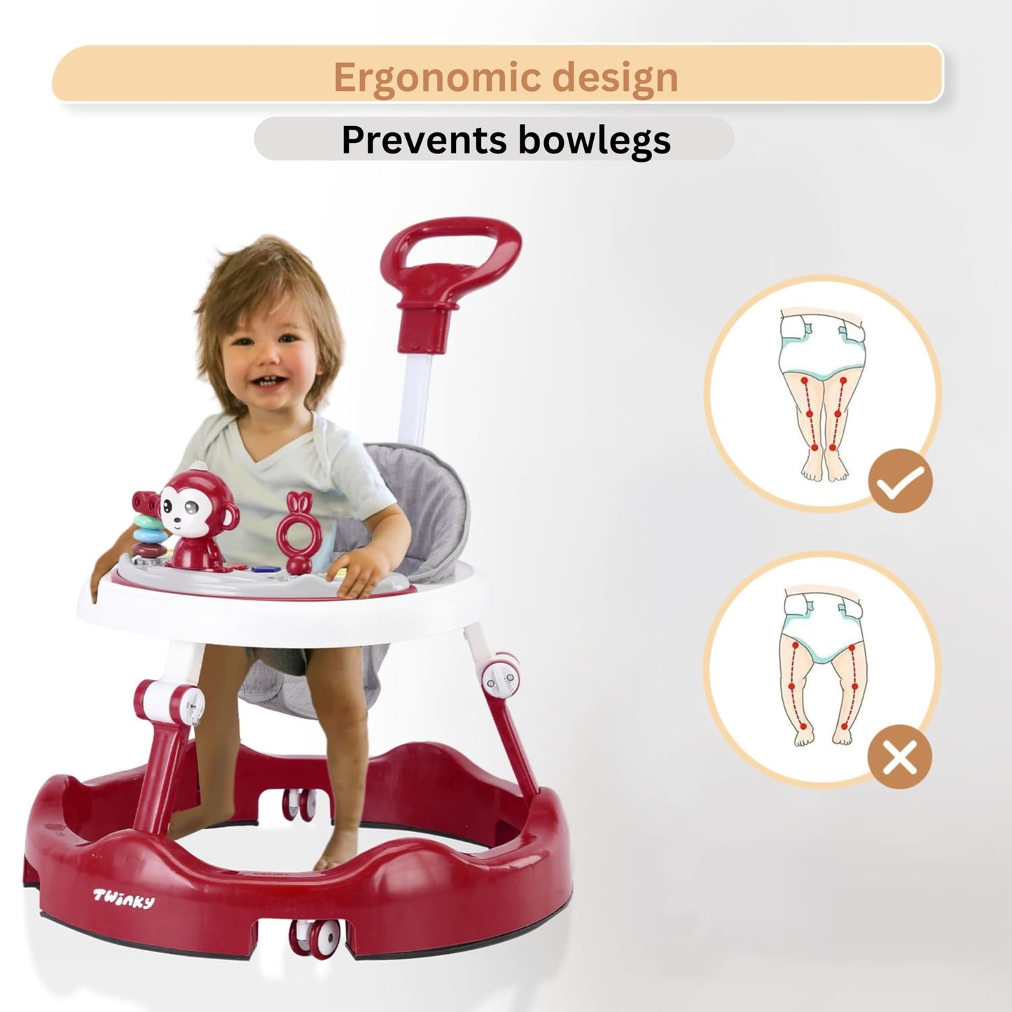 Twinky Baby Walker with retractable handle, play set, music, floor mat, and adjustable height for boys and girls 6 months+