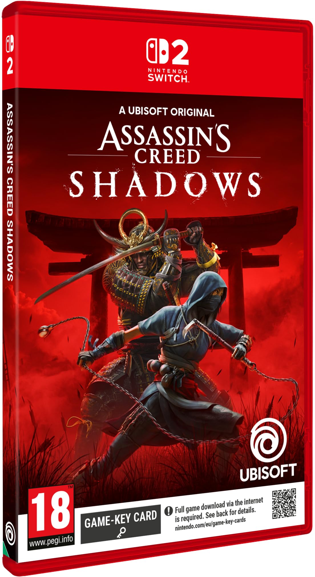 Assassin's Creed Shadows for Nintendo Switch 2 game cartridge in a standard case, featuring artwork of a stealthy assassin.