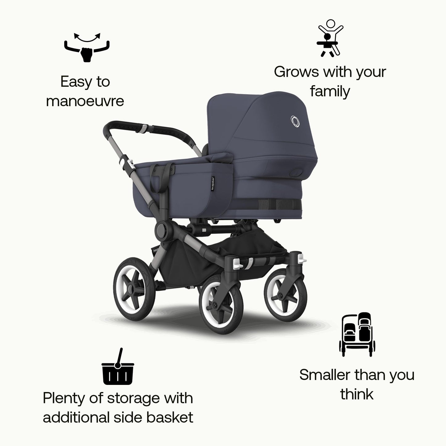 Bugaboo Donkey 5 Mono, Convertible Double Stroller, Improved Design, Reversible Seat, One Hand Steering, Side Basket, Graphite/Stormy Blue