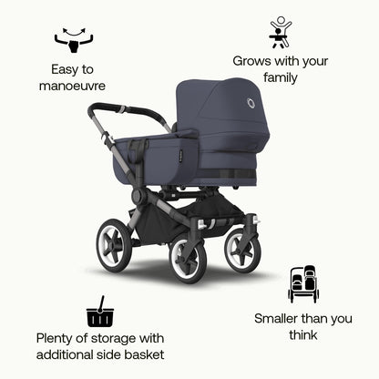 Bugaboo Donkey 5 Mono, Convertible Double Stroller, Improved Design, Reversible Seat, One Hand Steering, Side Basket, Graphite/Stormy Blue