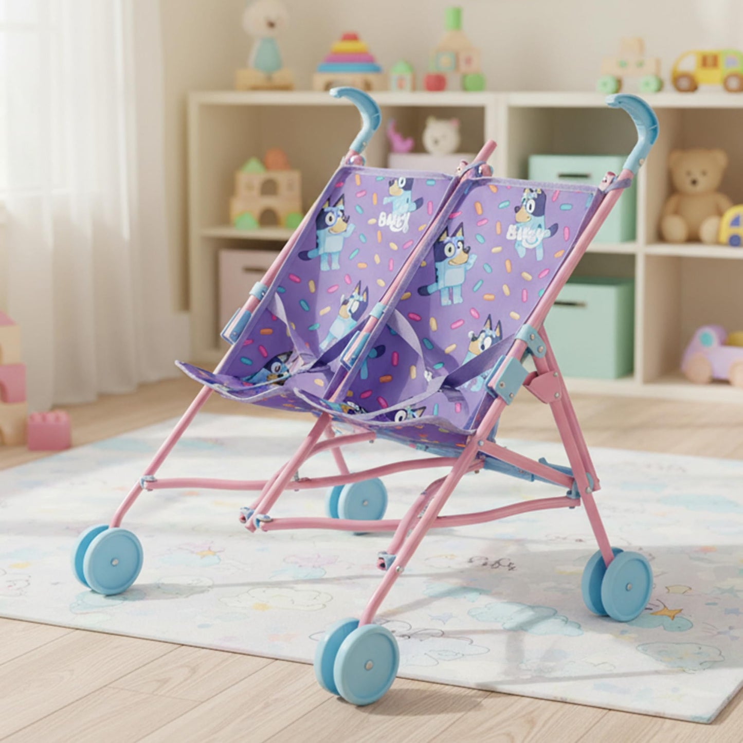 Bluey Buddy Buggy Stroller for kids, lightweight double toy pram with umbrella fold, featuring Bluey print for children ages 2+.