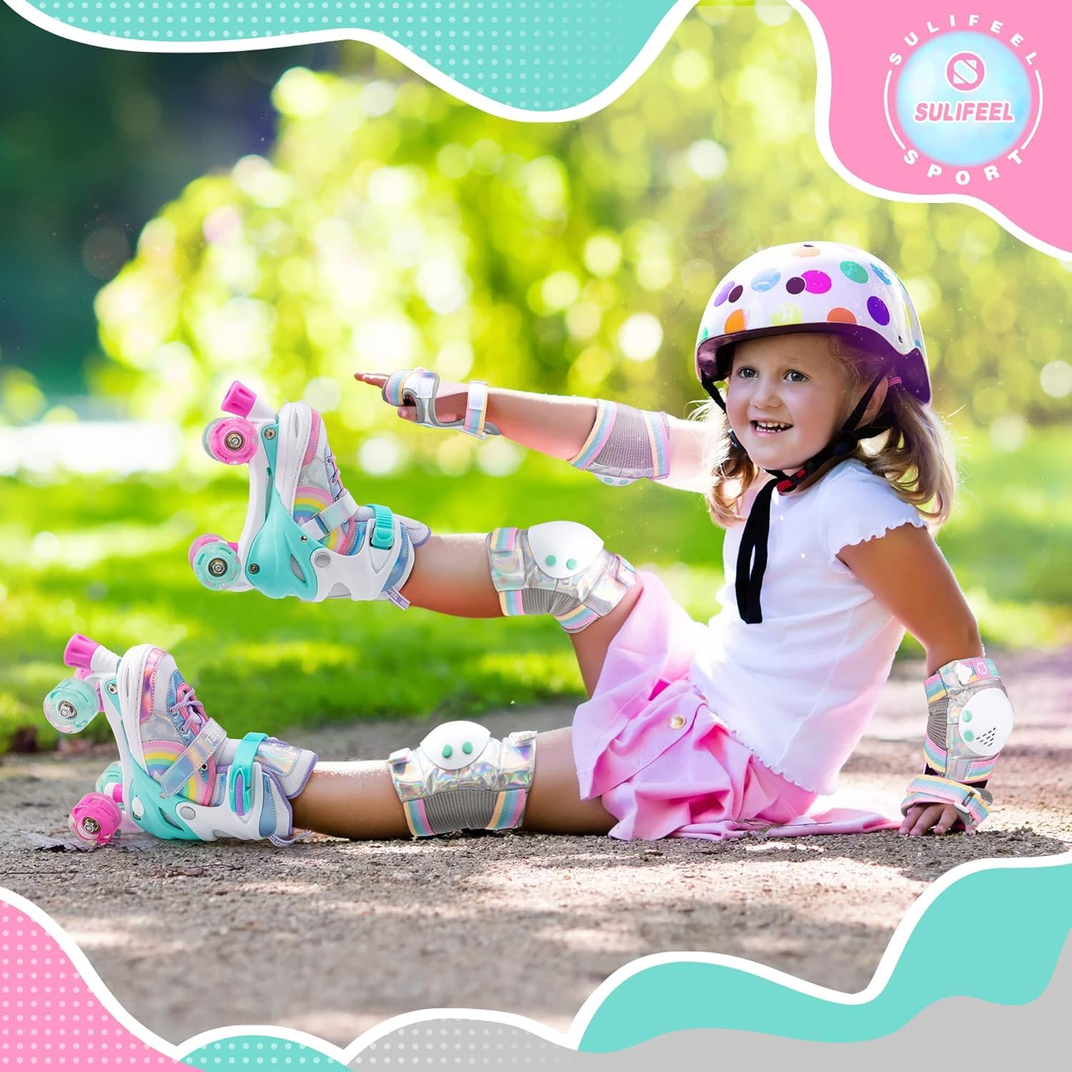 SULIFEEL Rainbow Unicorn light-up roller skates for kids, adjustable size Small 9C-12C UK, featuring colorful unicorn design and wheels.