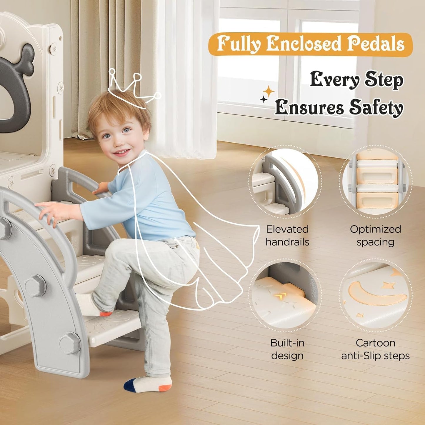 Kids Slide,Indoor Thickened Widened toddler slide with basketball hoop, climbing frame for the garden,storage space slide ((7-in-1 Elk Slide-Beige Gray))