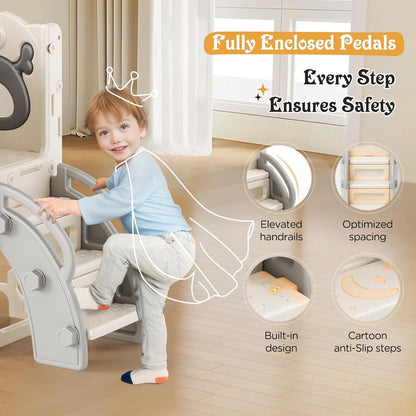 Kids Slide,Indoor Thickened Widened toddler slide with basketball hoop, climbing frame for the garden,storage space slide ((7-in-1 Elk Slide-Beige Gray))