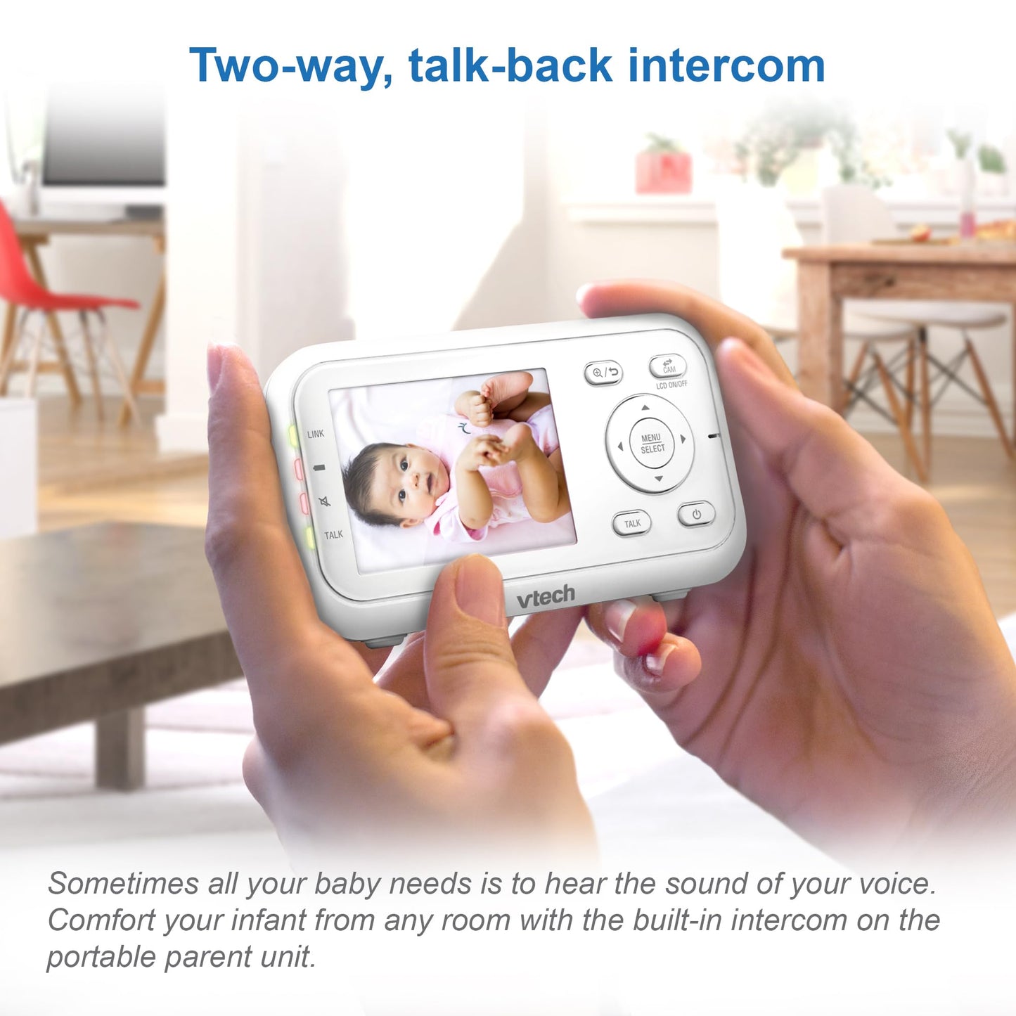 VTech VM3250 video baby monitor with camera, 2.8" LCD screen, night vision, long range, temperature sensor, and soothing sounds.
