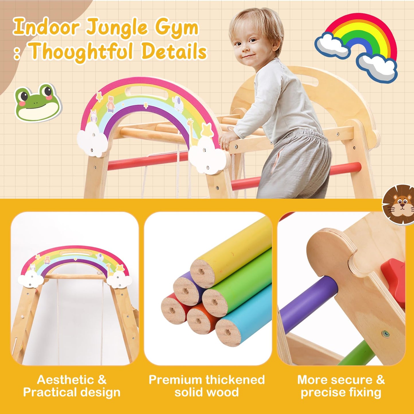 5-in-1 Wooden Climbing Frame, Adjustable Slide, Swing, Climbing Net and Monkey Bars,Montessori Indoor/Outdoor Jungle Gym for Toddlers