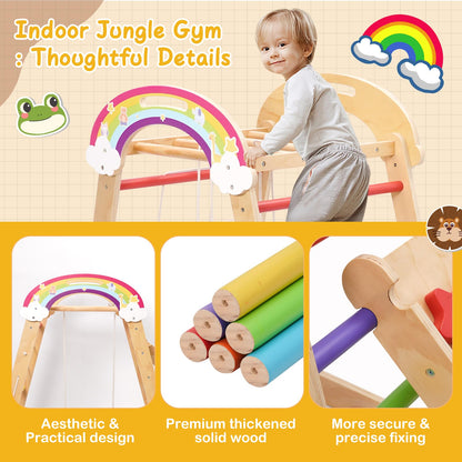 5-in-1 Wooden Climbing Frame, Adjustable Slide, Swing, Climbing Net and Monkey Bars,Montessori Indoor/Outdoor Jungle Gym for Toddlers