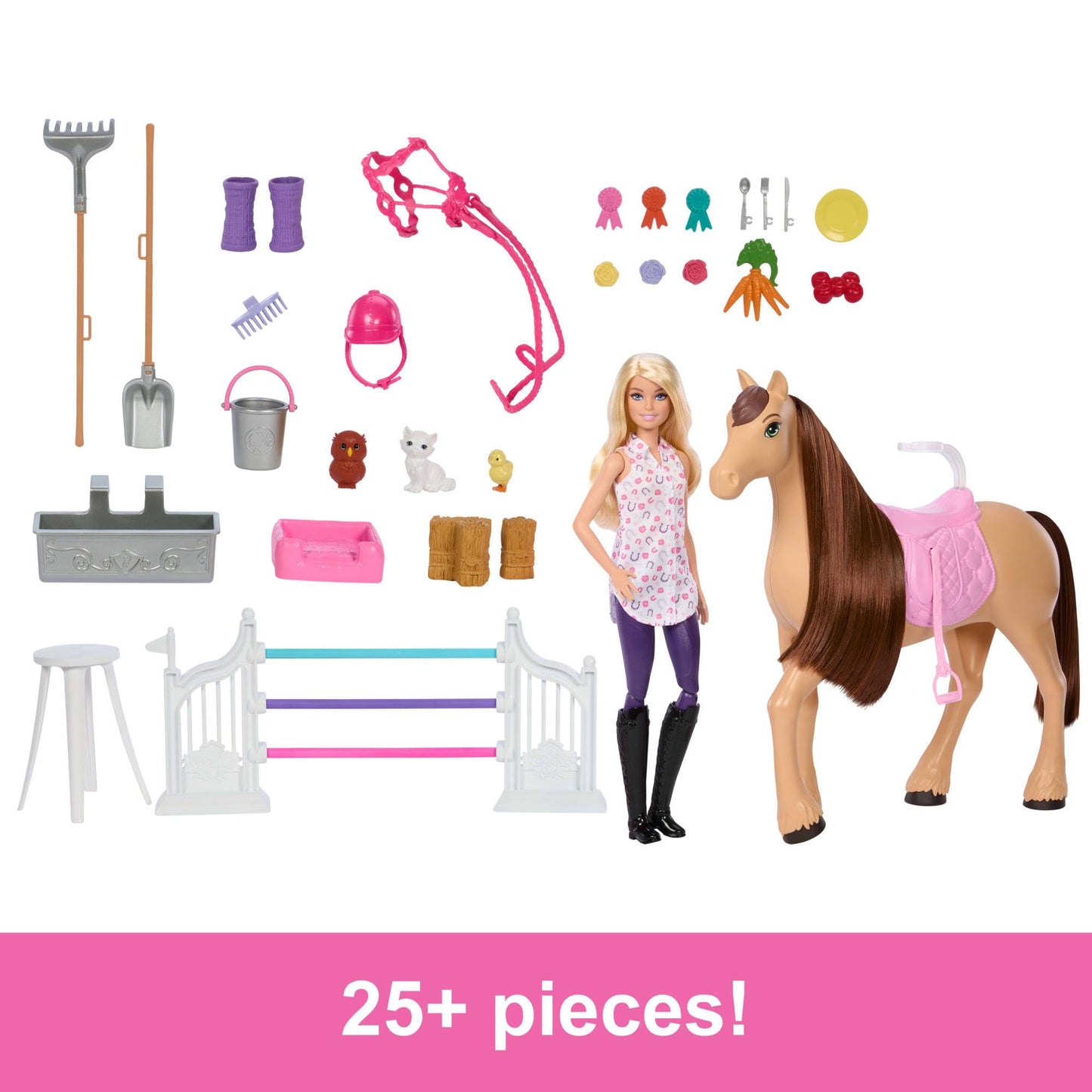 Barbie toy stable playset with doll, horse, and accessories featuring 25+ pieces and six play areas, inspired by Barbie Mysteries.