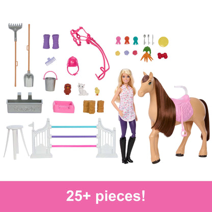 Barbie toy stable playset with doll, horse, and accessories featuring 25+ pieces and six play areas, inspired by Barbie Mysteries.