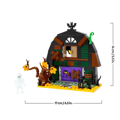 LEGO Halloween Barn playset featuring a skeleton minifigure, bat, and spooky lamps for creative play and display.