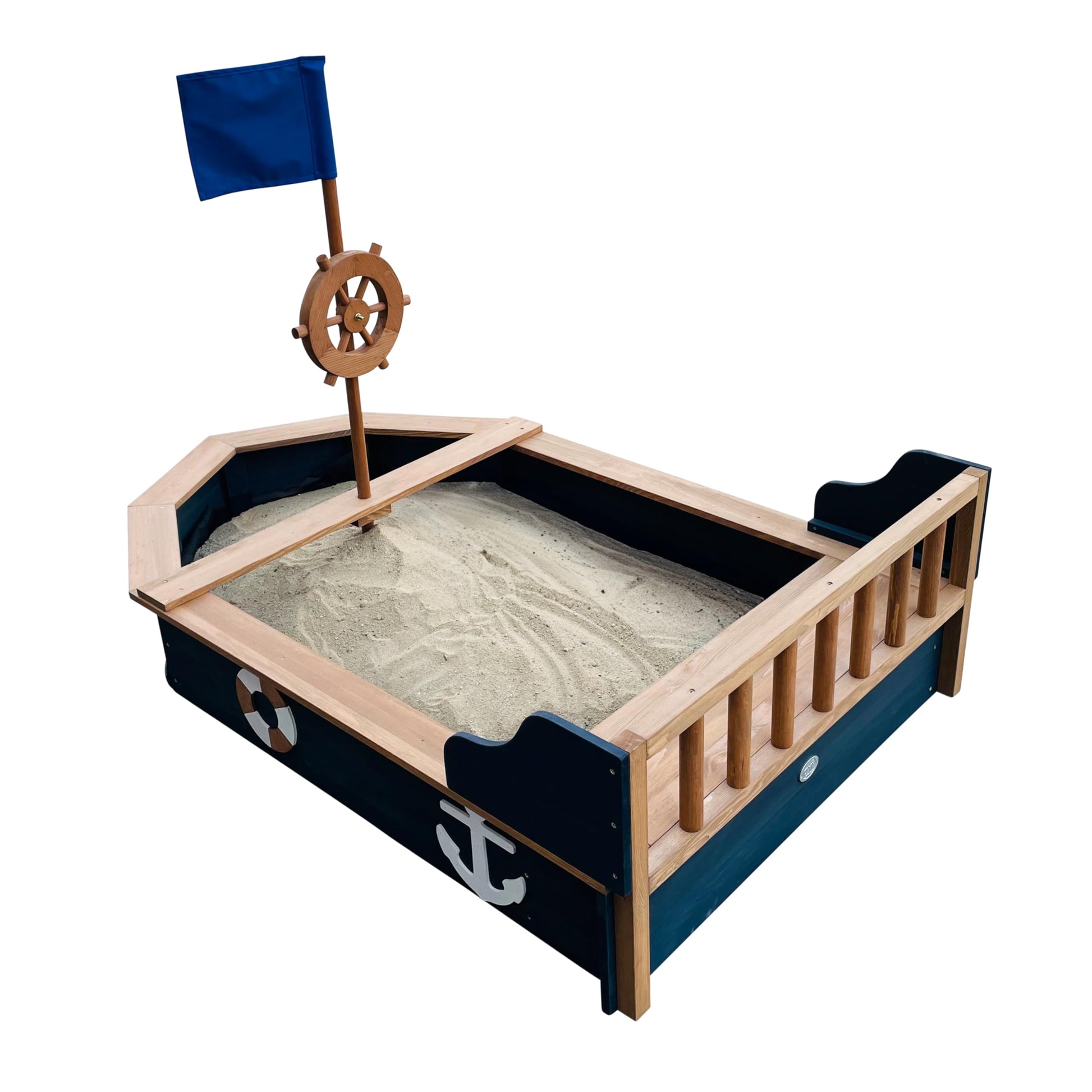 AXI Doris wooden boat-shaped sandbox with bench, storage, rotating rudder, cover, and ground cloth, measuring 153x90x100 cm.