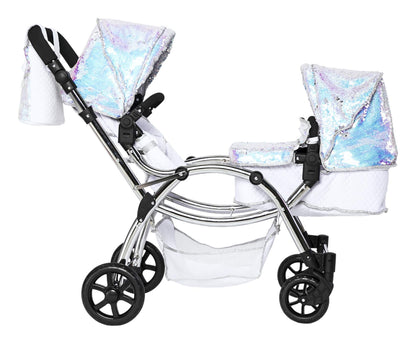 Roma Polly Dolls Pram 2-in-1 Dolls Pushchair, Double Buggy with Convertible Seat, Adjustable Handle, Foldable Canopy, Mermaid Print, Suitable for Ages 3-16, Perfect or Christmas
