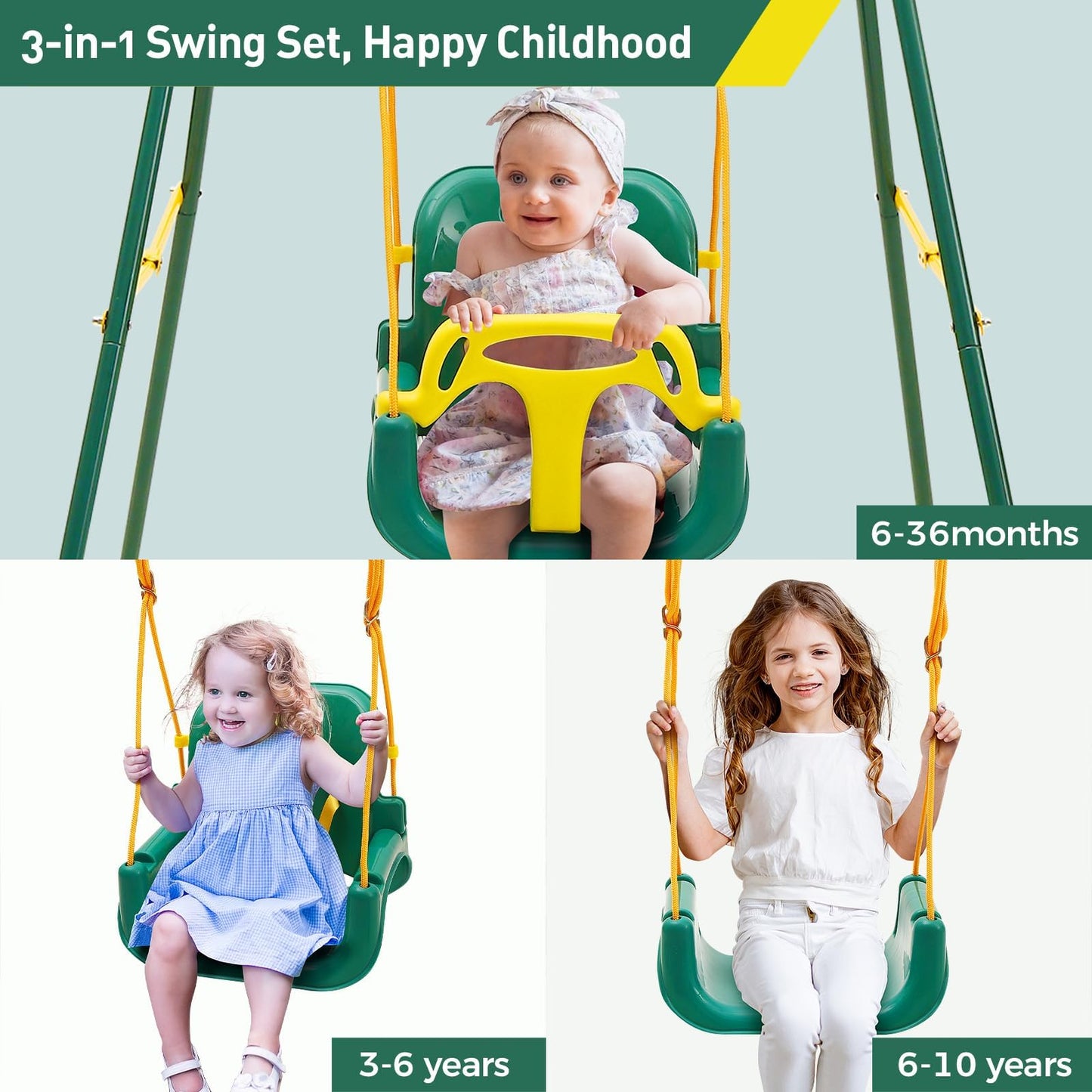 FUNLIO Toddler Swing with Safety Harness, Heavy-Duty Kid Swing for Garden & Indoor Use, Folding Metal Stand, Outdoor Play Equipment for Children - Green