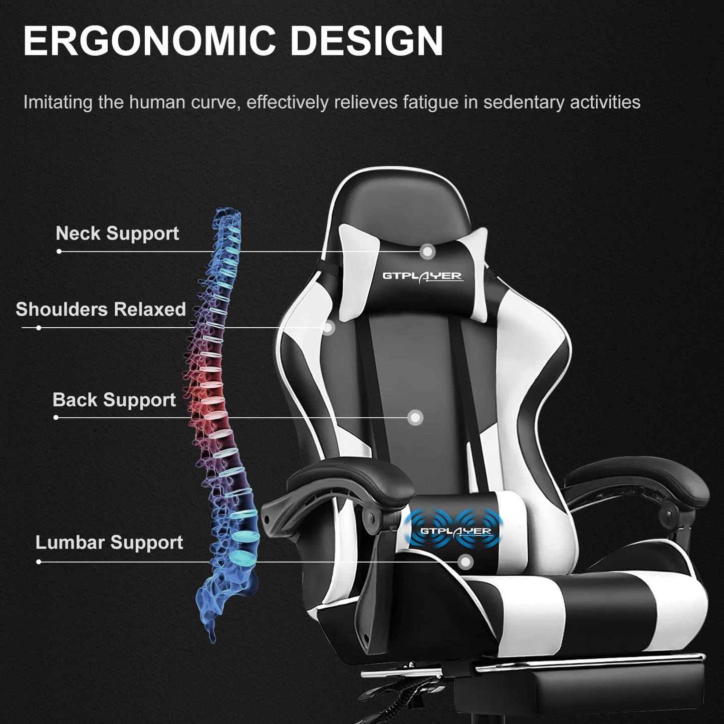 GTPLAYER Gaming Chair, Massage Computer Chairs with Footrest, Headrest and Lumbar Support Height Adjustable Ergonomic 360°-Swivel PC Chair White