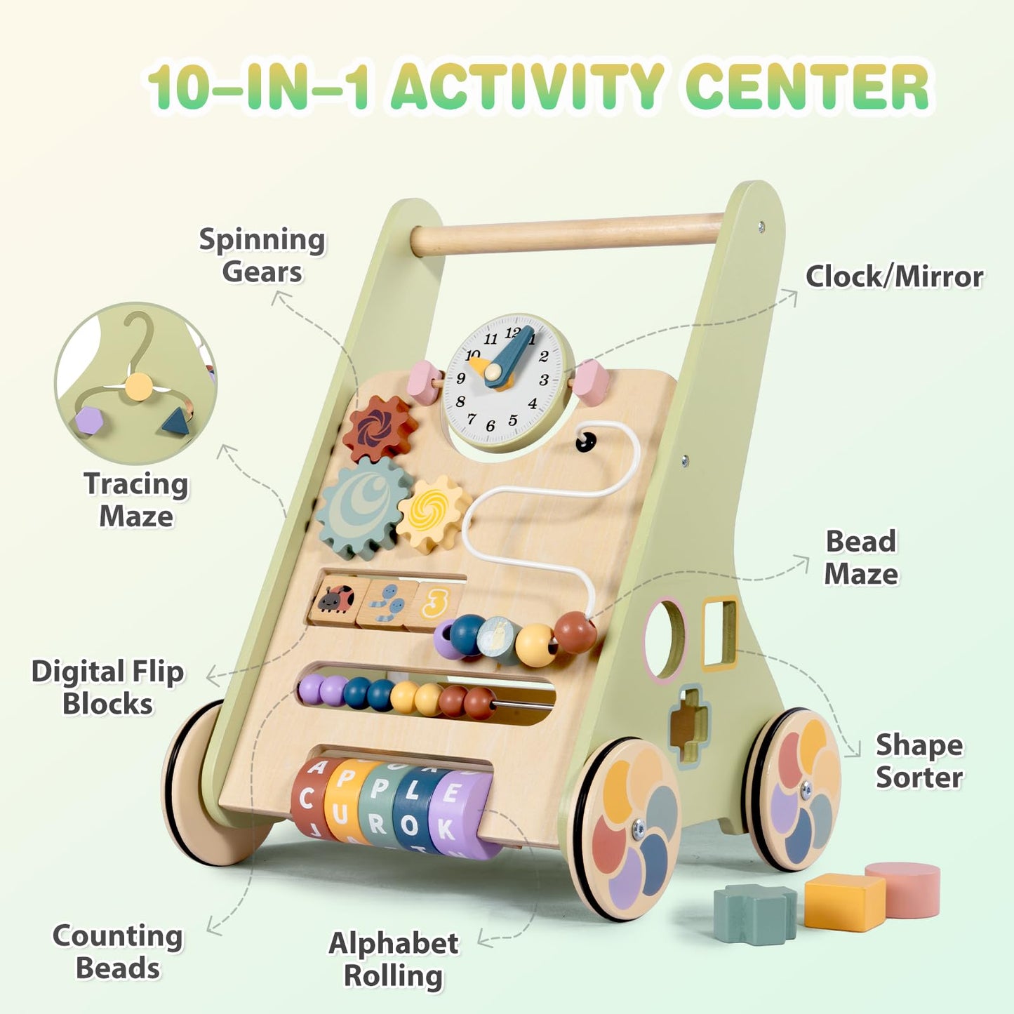 LOL-FUN wooden baby walker for toddlers, 10-in-1 push toy with speed control, activity center for 6-12 months boys and girls.