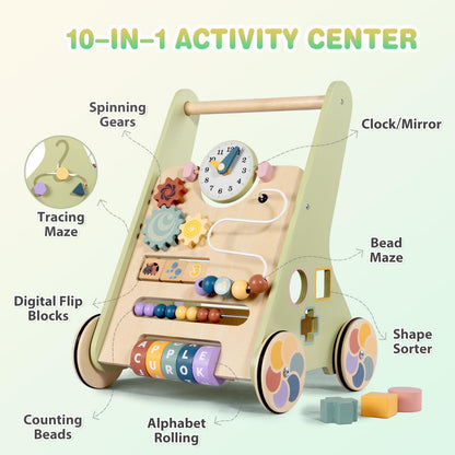 LOL-FUN wooden baby walker for toddlers, 10-in-1 push toy with speed control, activity center for 6-12 months boys and girls.