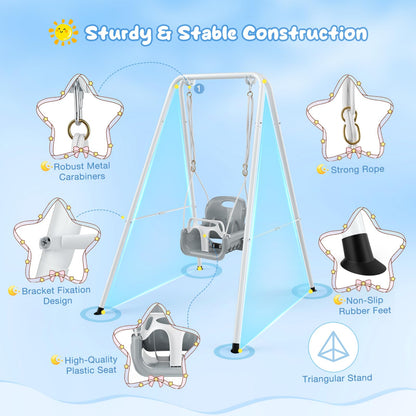 4 in 1 Toddler Swing Set, Kids Swing with Folding Metal Frame Stand, Safety Belt, for Baby In & Outdoor, Garden Playground Set, Swing Sets for backyard (White)