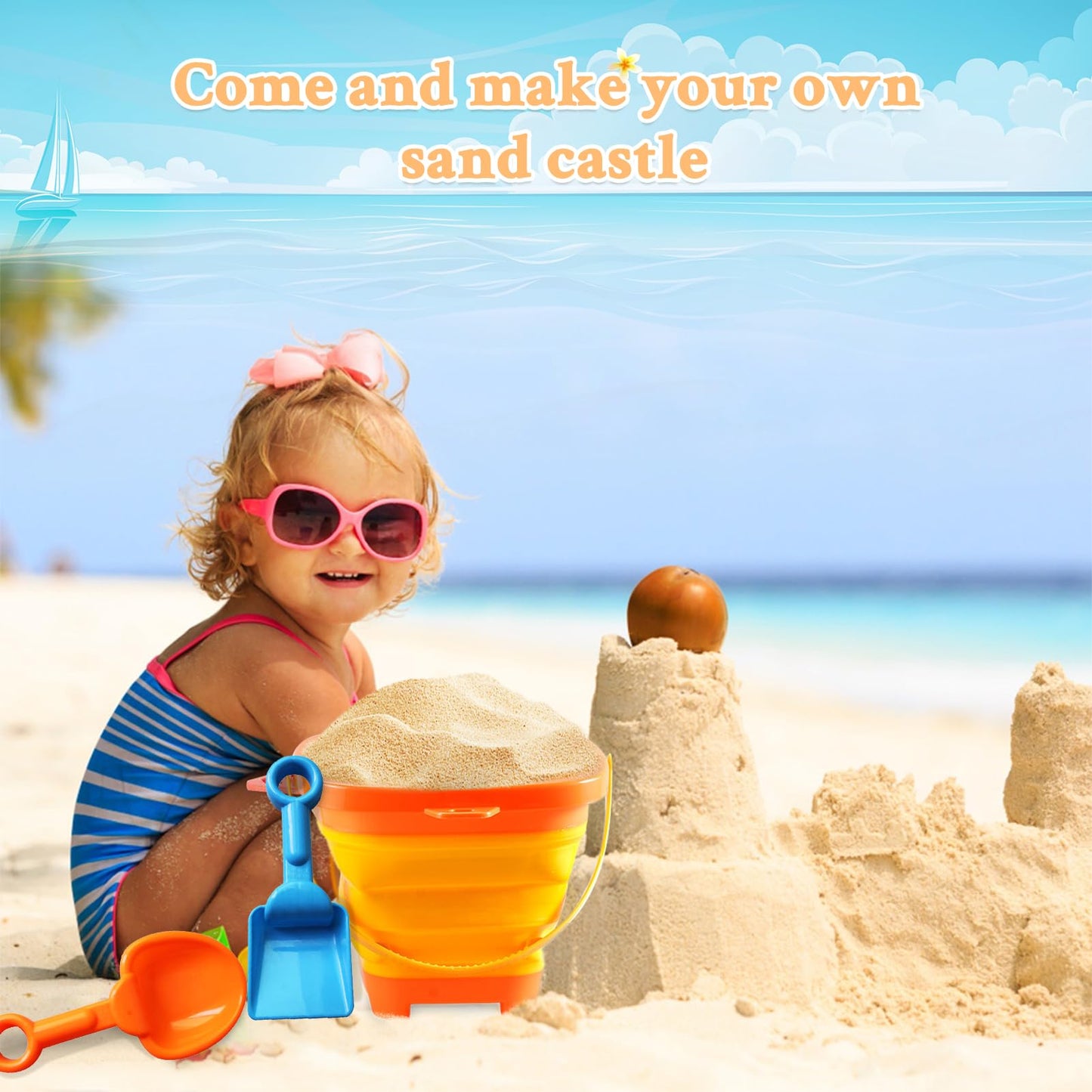 Aonuily Bucket and Spade, Beach Toys Set for Kids Play Sand with Handle Foldable Buckets with Shovels Scoop Rake Sifter Summer Outdoor Activities for Beach Party Gift
