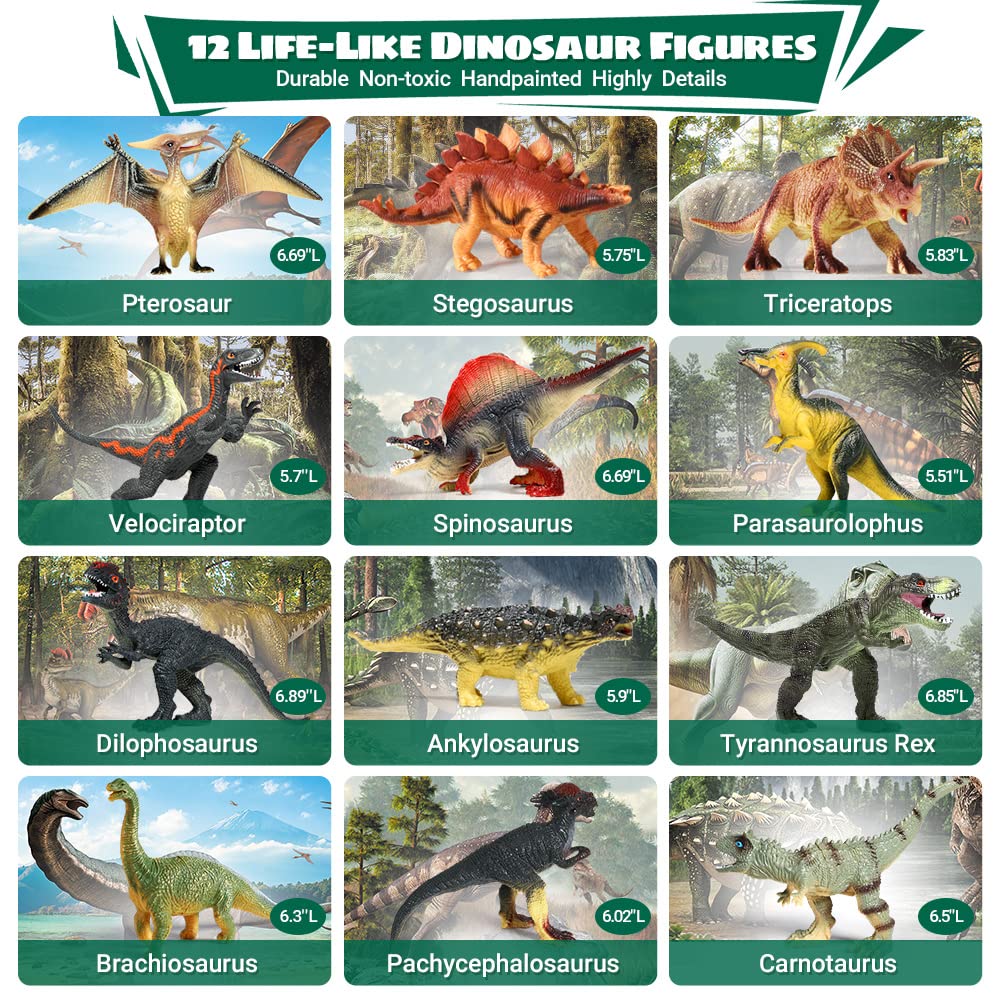 FRUSE Dinosaur Toys for Boys 3-5 with Interactive Sound Book,12 Pcs Dinosaurs Figures,Dinosaur Book with Sound,Toddler Dinosaur Learning Toys,Dino Present for Boys and Girls Age 3 4 5 6 7 8