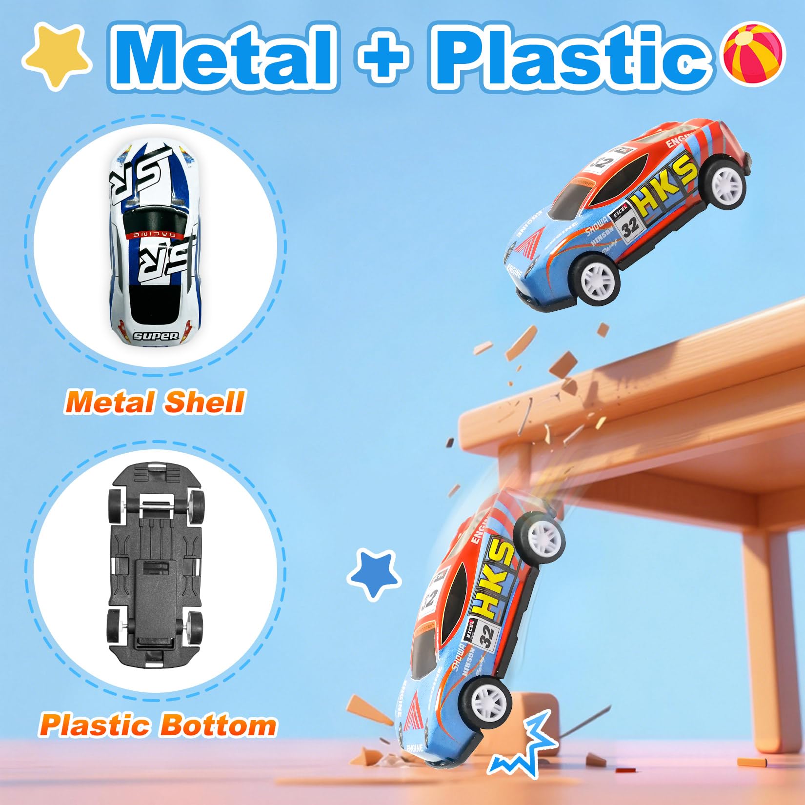 TOYABI 22-piece metal race car set with mini pull back cars and roadblocks for kids aged 3-8, colorful playset displayed.