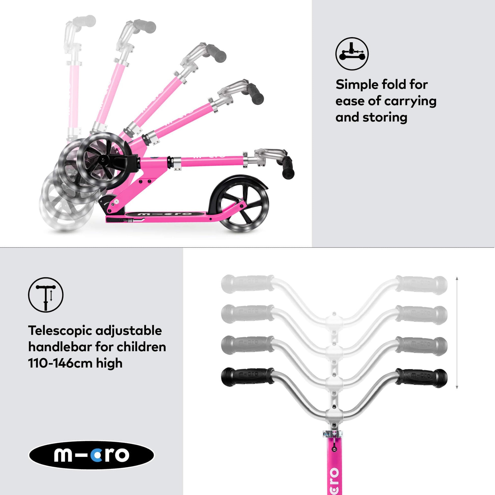 Pink Micro Cruiser LED children's scooter with adjustable handlebar, light-up wheels, and foldable design for ages 5-12.