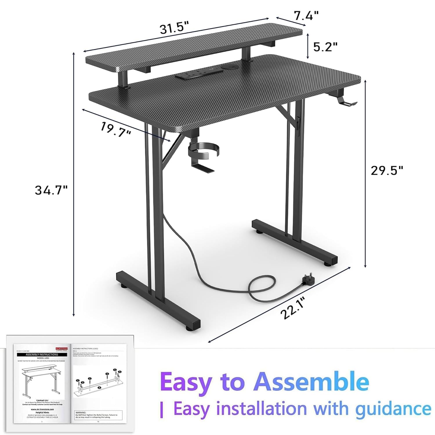 CAIYUN small gaming desk with LED lighting, monitor stand, metal frame, black carbon fiber surface, ideal for home office gaming setup
