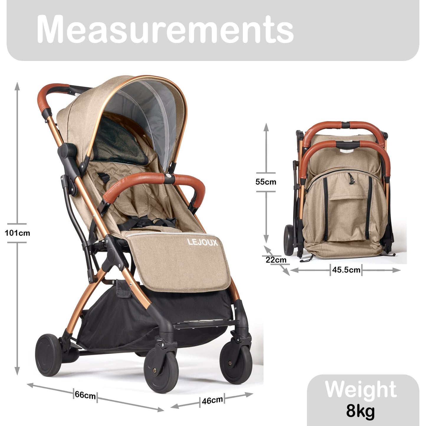 Lejoux™ Baby Pushchair Stroller– Lightweight Foldable Travel Buggy with 5-Point Harness, Adjustable Seat Back and Oversize Basket Folds with 1 Hand – Smooth Swivel Wheels Rain Cover (Beige)