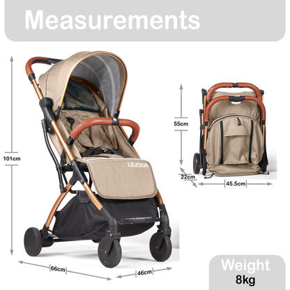Lejoux™ Baby Pushchair Stroller– Lightweight Foldable Travel Buggy with 5-Point Harness, Adjustable Seat Back and Oversize Basket Folds with 1 Hand – Smooth Swivel Wheels Rain Cover (Beige)