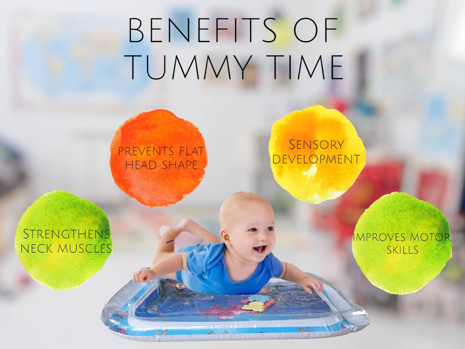 BabaBub inflatable water tummy time mat with colorful sensory toys and animals, designed for infants and toddlers during play and development.