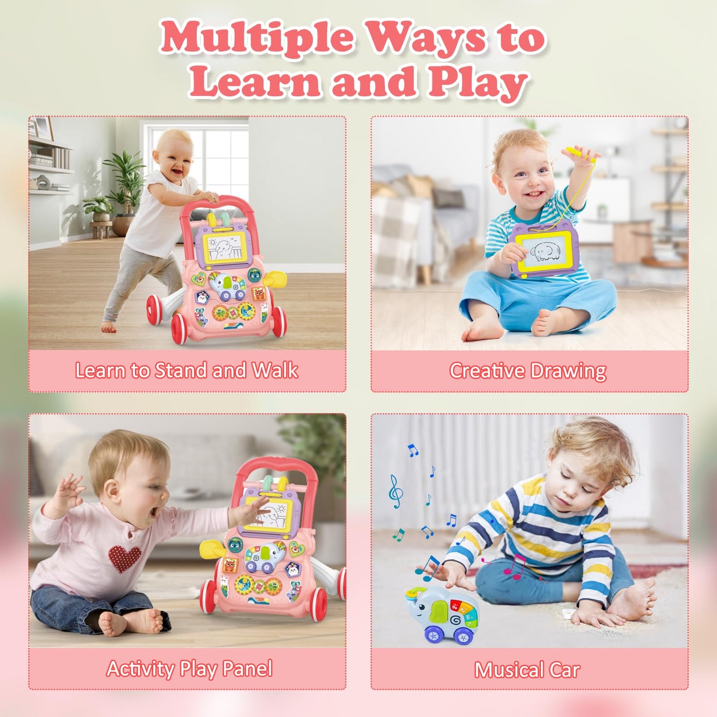 Pink KalaDuck sit-to-stand baby walker with music, drawing board, and educational toys for babies 6 months and up.
