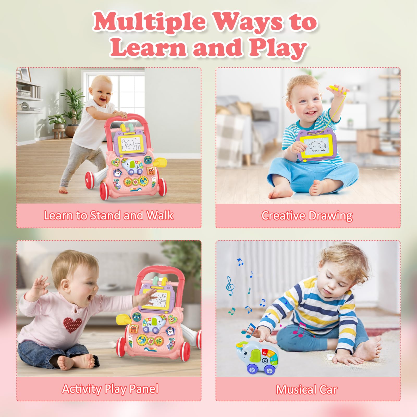 Pink KalaDuck sit-to-stand baby walker with music, drawing board, and educational toys for babies 6 months and up.