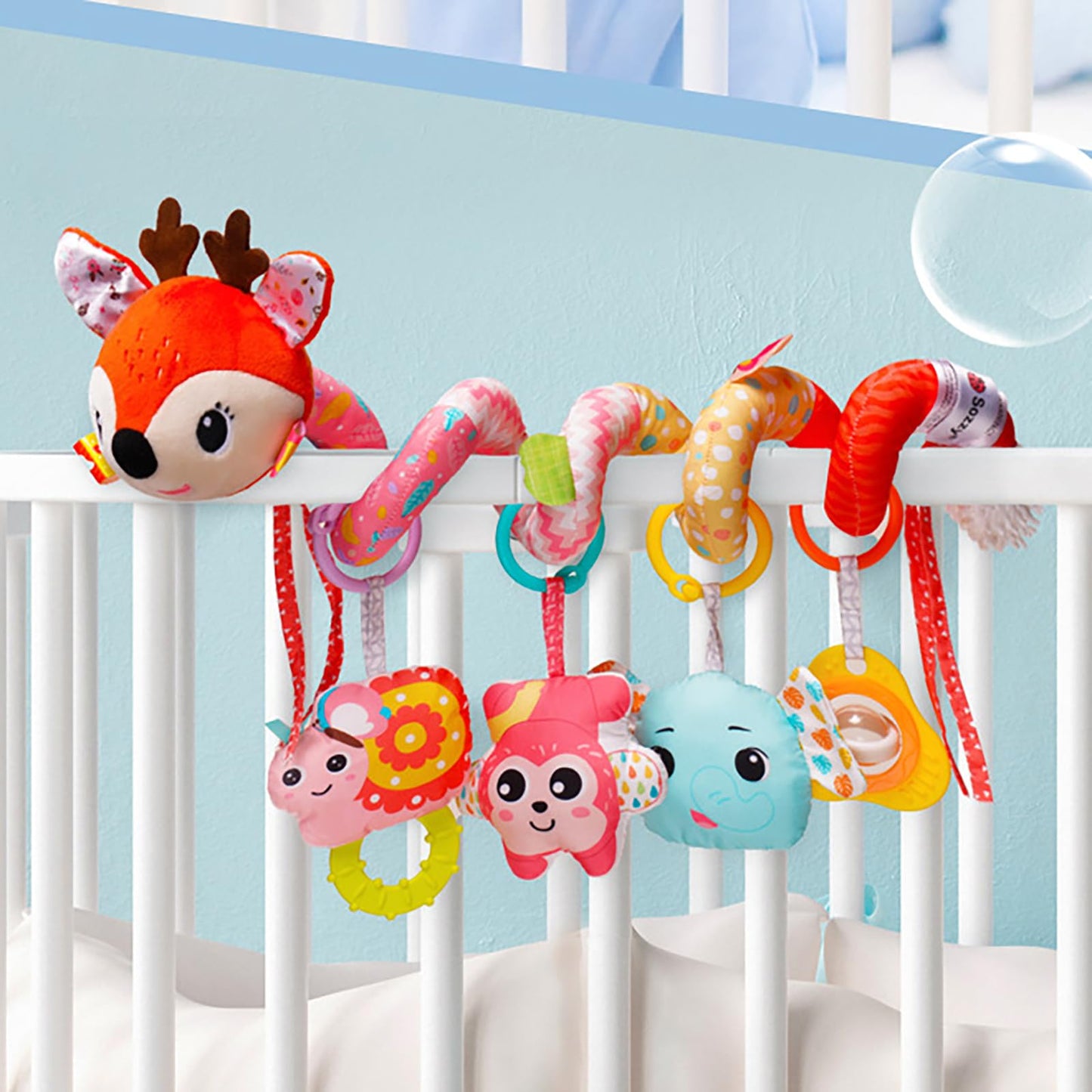 Kulveanju plush deer spiral pram toy hanging from stroller, sensory rattle for babies 0-12 months, soft activity toy for infants.