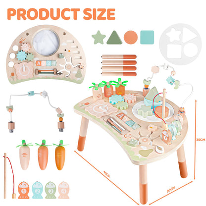 Wooden baby activity table with shape sorter, bead maze, and fishing game for toddlers 12+ months, sensory and Montessori learning toy
