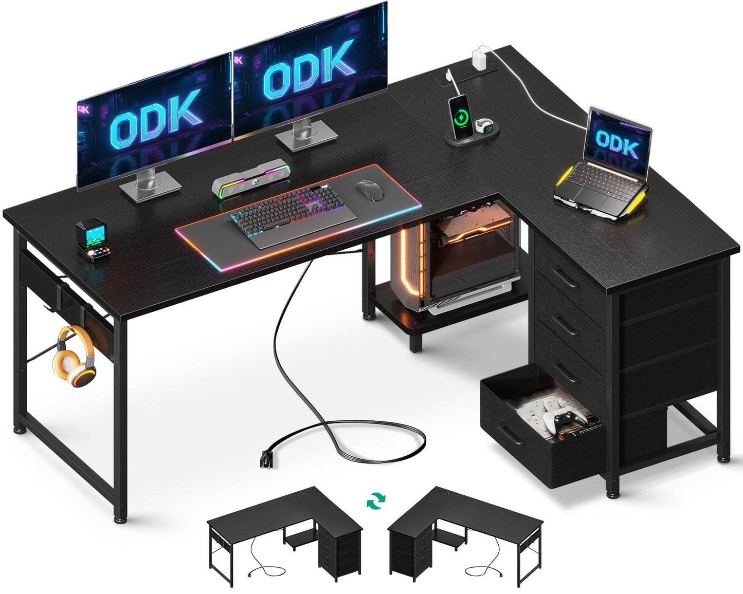 ODK Corner Desk with Drawers, Reversible L Shaped Computer Desk with Power Outlet, Office Desks with USB Charging Port and Host Stand for Home Office Black, 135×100cm