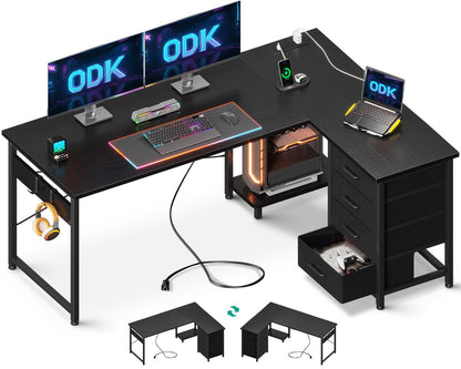 ODK Corner Desk with Drawers, Reversible L Shaped Computer Desk with Power Outlet, Office Desks with USB Charging Port and Host Stand for Home Office Black, 135×100cm