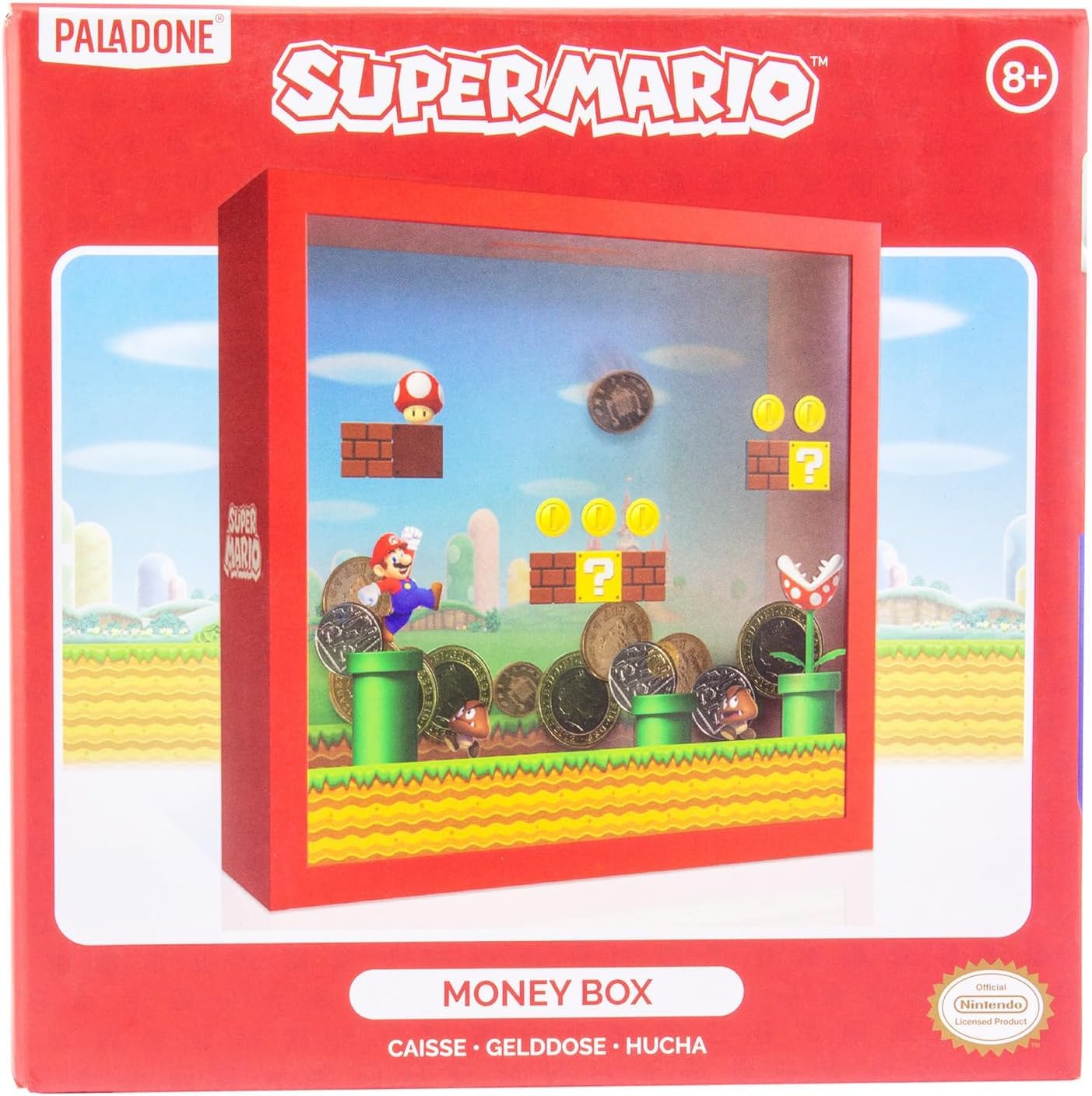 Official Super Mario money box by Paladone, 18cm Nintendo piggy bank featuring Mario Bros design for savings and gifts.