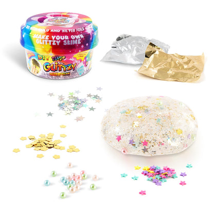 Clear slime pot with metallic foil and decorations from So Slime Glitzy Glitz & Glam slime collection, perfect for customizing and decorating.