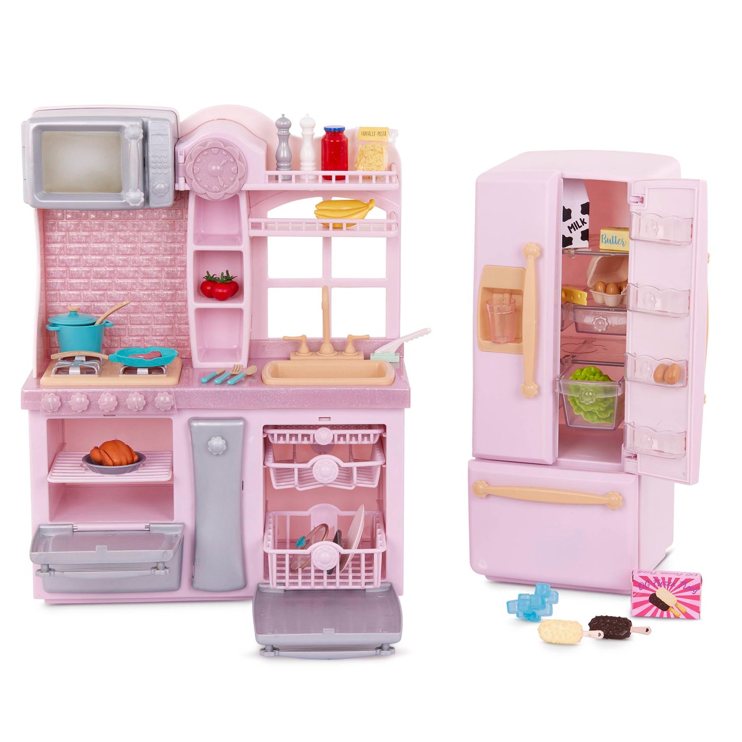 Pink fridge and kitchen playset from Our Generation with pretend food items for 18-inch dolls and imaginative play for kids.