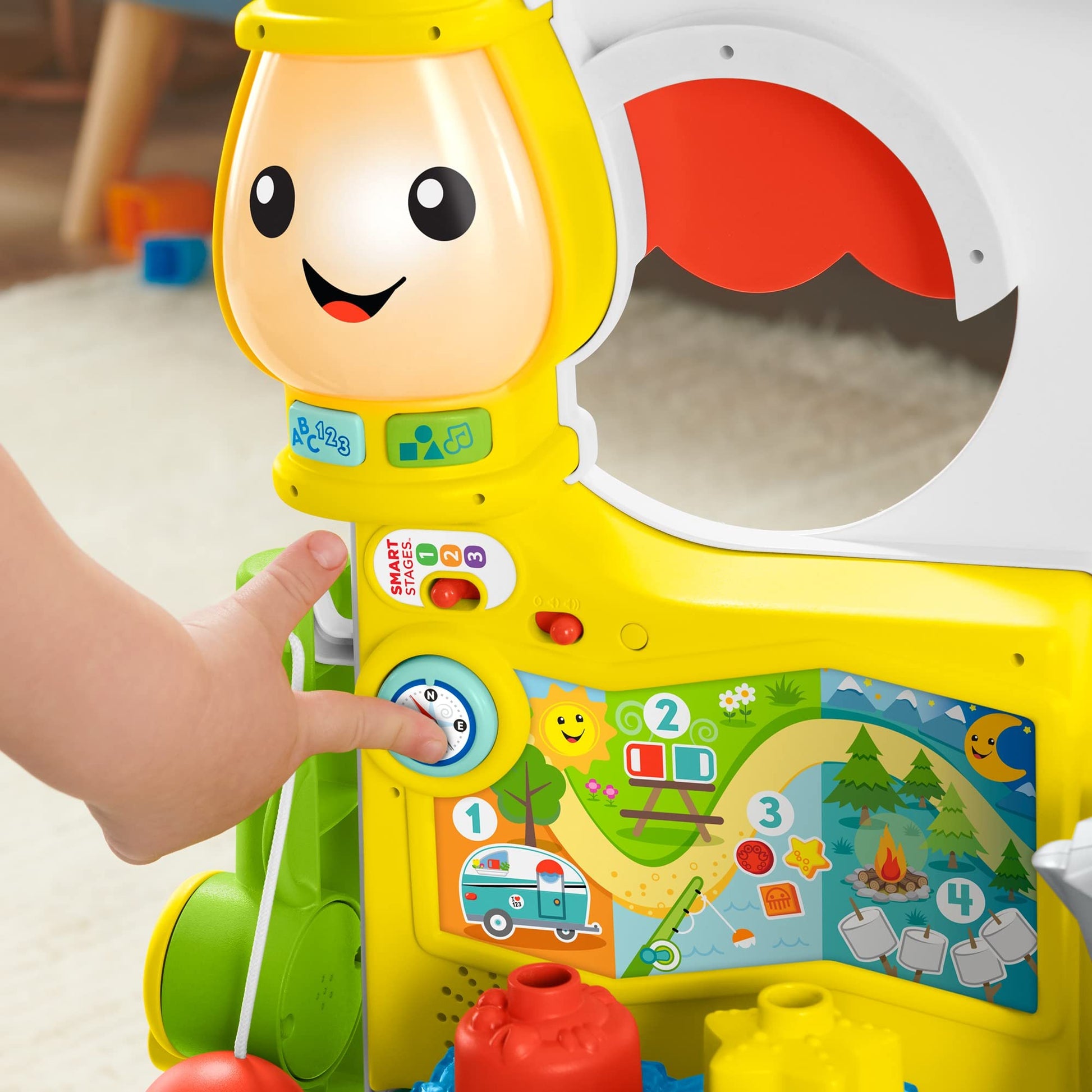 Fisher-Price Laugh & Learn 3-in-1 On-The-Go Camper toy with colorful features, musical push-along walker and activity center for infants