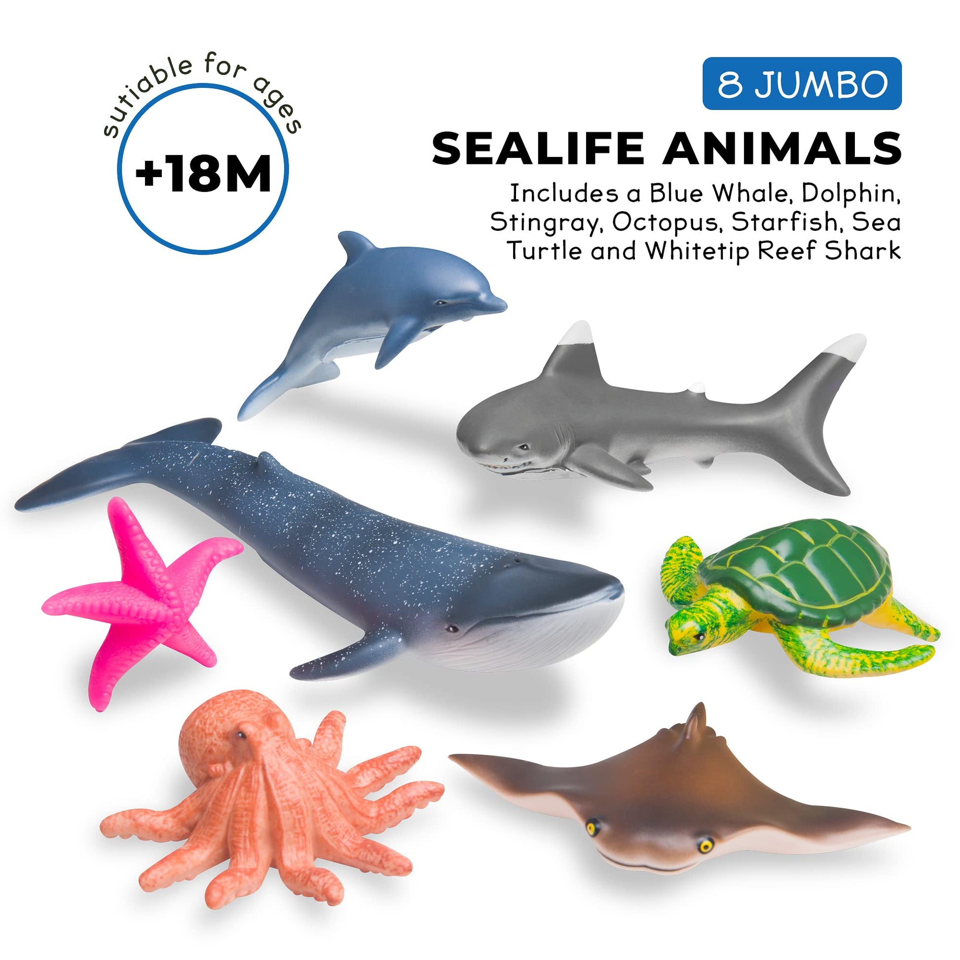 Set of 7 Learning Minds jumbo sea animal figures including shark, whale, and dolphin toys for kids aged 18 months and up.