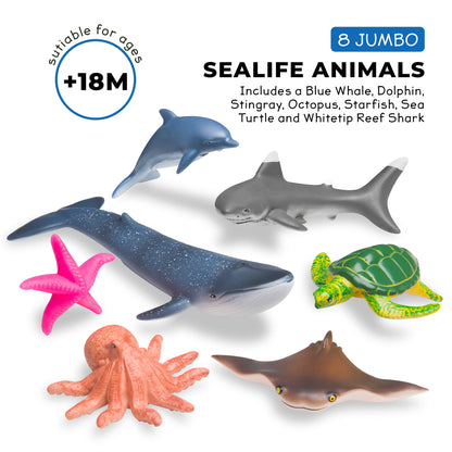 Set of 7 Learning Minds jumbo sea animal figures including shark, whale, and dolphin toys for kids aged 18 months and up.